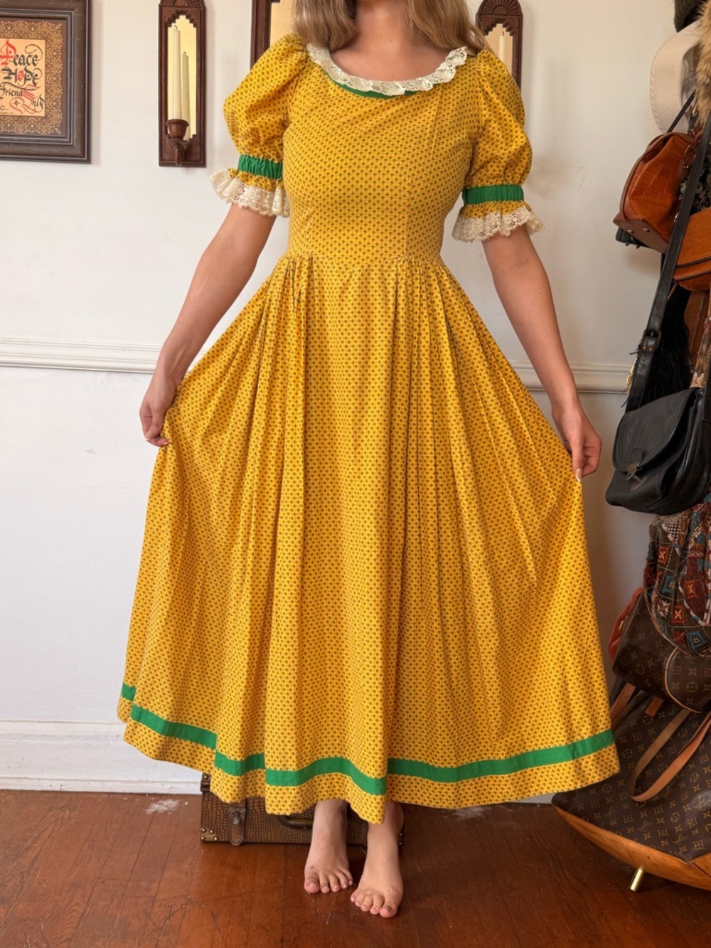 Vintage Yellow Prairie Puff-Sleeve Cotton Maxi Dress with Green Trim